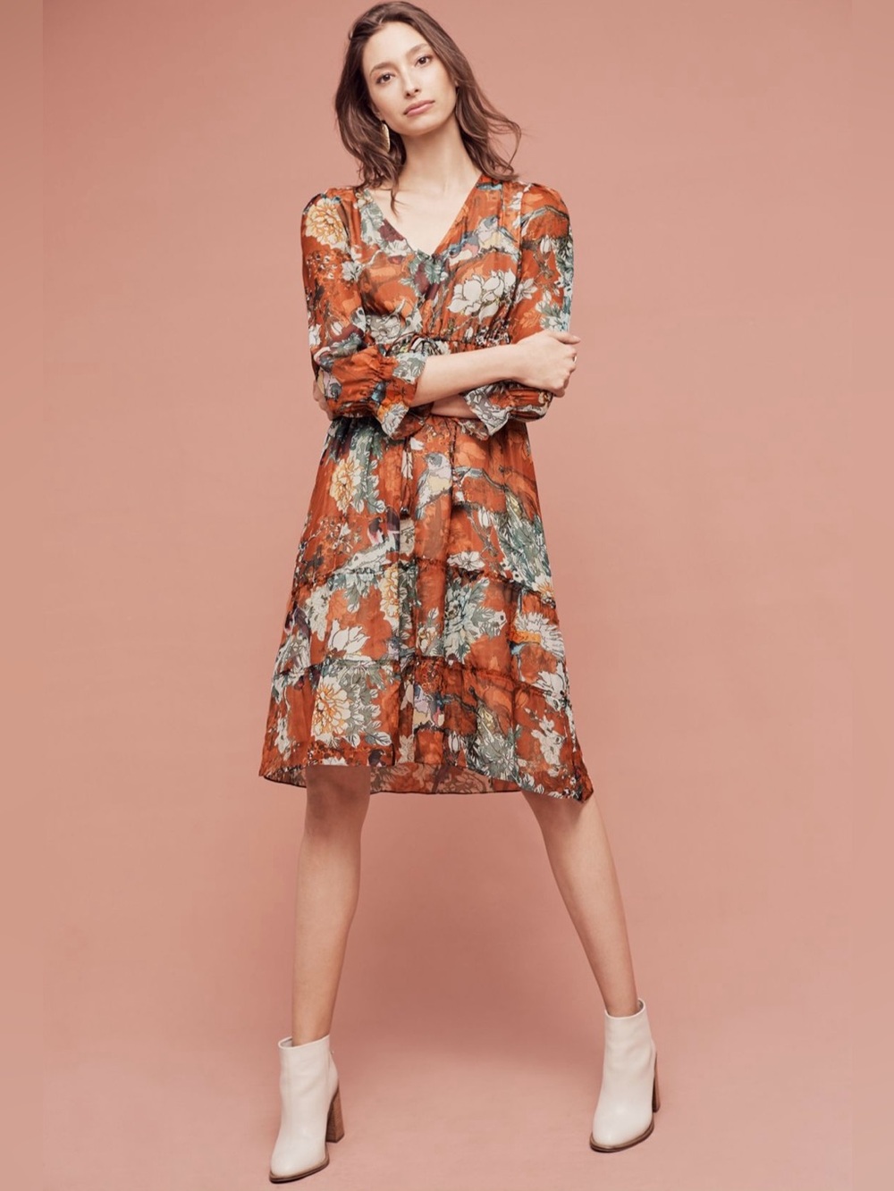 Hemant & Nandita Zeri Floral Peasant Midi Dress Dark Orange Size 6